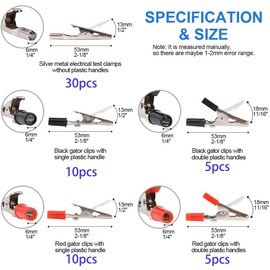 GTIWUNG 60Pcs Metal Alligator Clips Assortment Kit, Heavy Duty, Includes 3 Style 2''/51MM, 30pcs with Red Black Plastic Hands and 30pcs no Cap