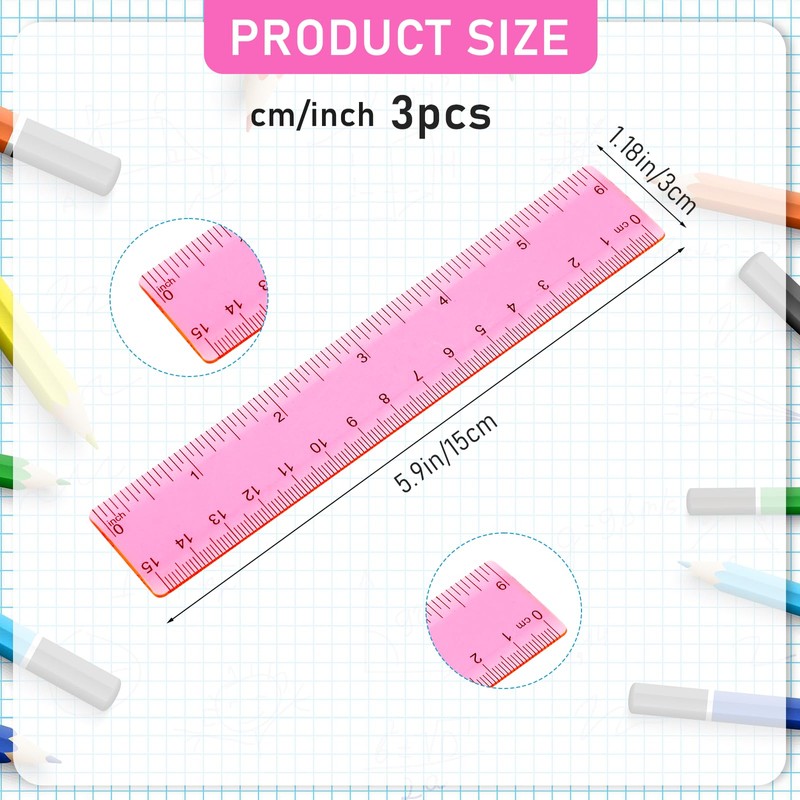 Ruler 6 Inch, 3 Pack Ruler Set Plastic Straight Ruler