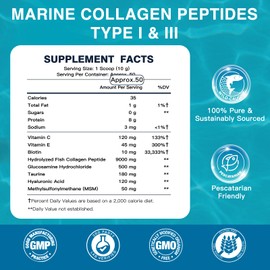 Marine Collagen Peptides Powder with MSM + GC, Multi Type I & III Collagen with Hyaluronic Acid, Vitamin C & E for Skin, Hair & Nails, Wild-Caught Fish, 50 Servings