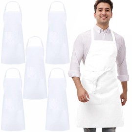 umboom 5 Pack White Chef Aprons, Catering Aprons for Men Women, Kitchen Work Aprons, Professional Apron for Cooking, Restaurant, Bistro, Bar, Café, Garden, Salon (1 Pocket)