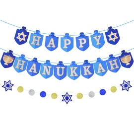 Happy Hanukkah Banner – Blue and Gold Dreidel and Star Party Garland with Glitter Letters & Menorah, NO DIY Required, Festival of Lights Decorations for Home, Classroom, or Office