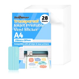 TECKWRAP Printable Vinyl Sticker Paper for Inkjet Printer, Transparent Inkjet Printable Sticker Paper, 8.26" x 11.69" A4 Size for Scrap-booking, Craft Cutters, Home Decor, 28 Sheets/Pack