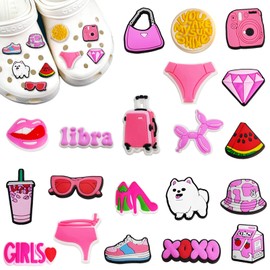 Pink Shoe Charms for Croc, 20Pcs Different Shape Cute Clog Shoes Decorations, PVC Ornaments Shoe and Wristband Accessories for Teens Girls Women, Cartoon Shoe Charms for Birthday Gift Party Favors