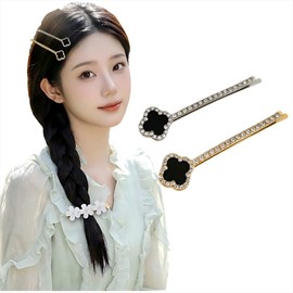 wenjeso 2pcs Side Hair Clips, Four Leaf Clover, Pearls & Colored Flowers, Single Strings, Gentle & Damage to Your Hair, Neat & Sweet Design, Insta-Style Stylish Hairpin-gl