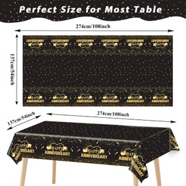 3 Pack Happy Anniversary Tablecloth Disposable Anniversary Party Decorations Black Gold Dot Confetti Table Covers Party Supplies for Rectangle Tables Favors for Guests 54 x 108 Inch