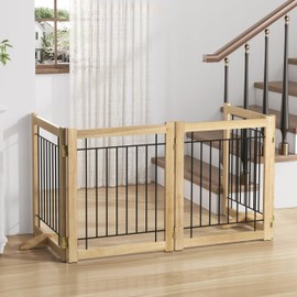 Acovy 4-Panel, 24" Height, 80" Width, Solid Wood Frame Hardwood Frame Indoor Freestanding Dog Gates Pet Gate Dog Gate Foldable Wooden Dog Fences for Stairs, House, Doorway, Oak Color