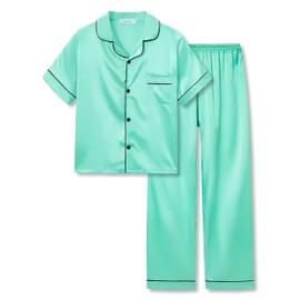 Beezizac Little & Big Girls Pajama Set Size 14 - Turquoise Satin Silky Soft Summer Teen Cute Jammies