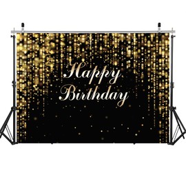 WOLADA Happy Birthday Backdrops for Photography Black and Gold Birthday Photo Backdrop 8x6FT 11835