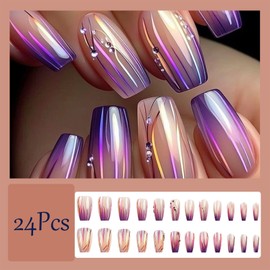 Light Purple Gradient Press on Nails Medium Square Shaped Fake Nails with Diamonds Design False nails Sparkly Wavy Stripe Full Cover Stick on Nails Glue on Nails for Women Girls Nail Decor 24Pcs