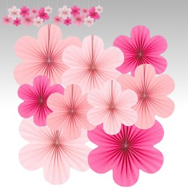 Pack of 9 Paper Flowers Decoration Hanging, Pink Paper Fan Flowers Decoration for Birthday Parties, Weddings, Tea Party & Table Decoration - Ideal for Cherry Blossom Backdrop and Room Decoration