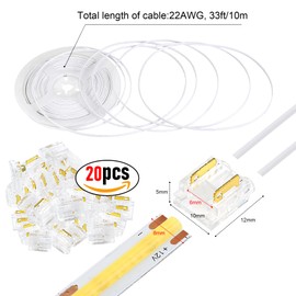 RGBZONE 20pcs 2 Pin 8mm LED Strip to Wire Connectors and 32.8FT/10M Extension Wire for IP20 Single Color and 2 Pin 8mm COB LED Lights