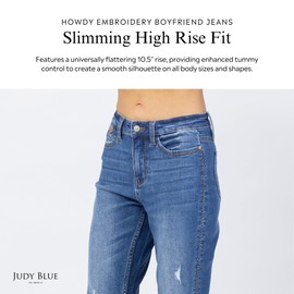 Judy Blue Women's High-Rise Howdy Embroidery Boyfriend Jeans with Side Seam Stitch (Medium Blue, 18W)