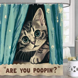 Yeoiat Funny Cat Shower Curtain, are You Poopin' Curious Kitty Whimsical Joke Humor Themed, Shower Curtain Set with 12 Hooks for Bathroom Decor (Green, 72"x72")