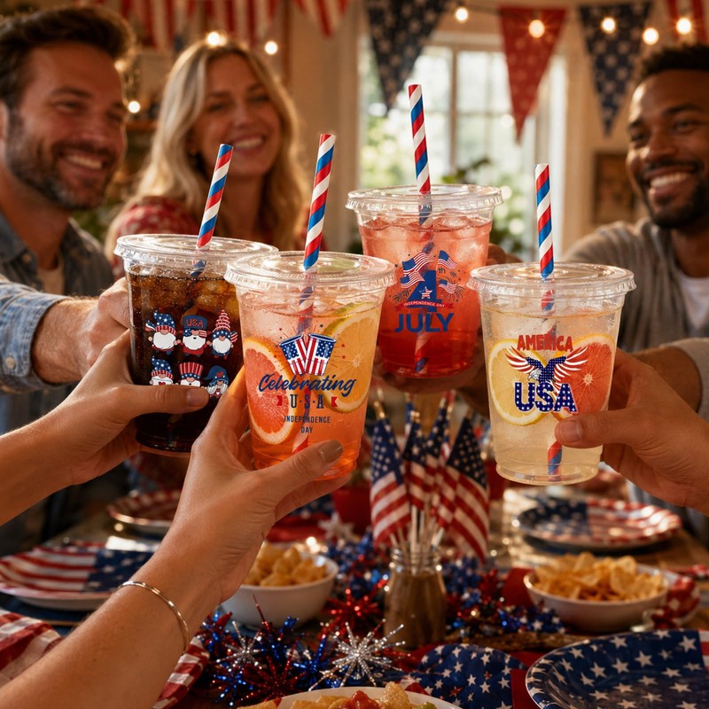 100 Sets 4th of July Party Cups with Lids and