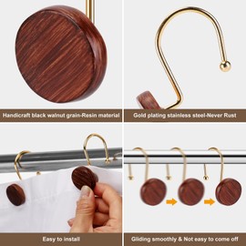 YanKiTour Shower Curtain Hooks, 12 Pack Imitation Wood Grain Resin Rings, Decorative Round Log Design Hangers with Gold Hooks for Bathroom Bedroom Living Room (Black Walnut Grain-Gold Hook)