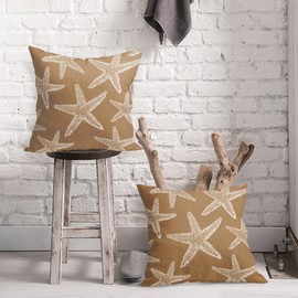Kawani Khaki Brown Starfish Beach Pillow Covers 20X20 Inch Summer Nautical Coastal Ocean Decorative Pillow Cases Set of 2 Cotton Linen Throw Pillows Seasonal Home Decor for Sofa Couch Cushion Outdoor