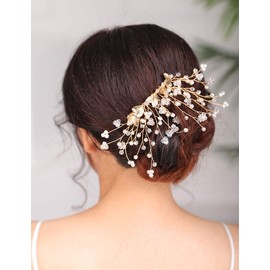Deniferymakeup Gold Bride Hair Comb Leaf Bridal Hair Piece Pearl Crystal Headpiece for Women and Girls
