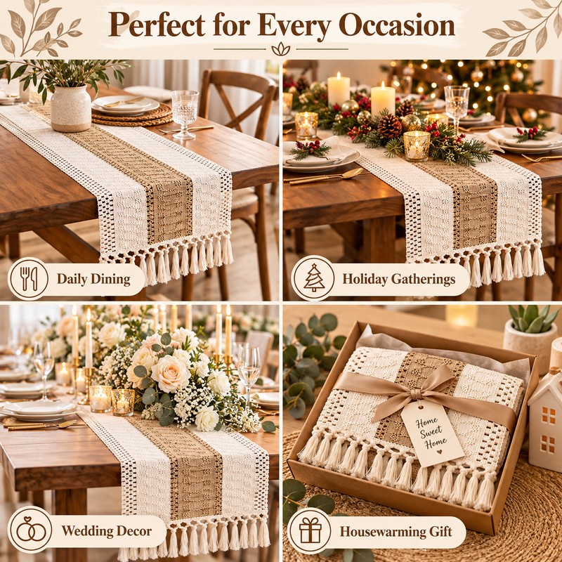 Boho Table Runner for Dining Room Decor – Cream &