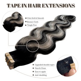 Body Wave Tape in Hair Extensions Human Hair, Natural Black Hair Balayage Grey Highlights Extensions Real Human Hair Tape ins for Black Women, 18 Inch 20 PCS Double Sided Tape Hair Extensions 50G