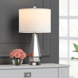 Hamucd Set of 2 Mirrored Glass Bedside Table Lamps with 2 USB Ports for Bedrooms Modern Side Nightstand Lamps Geometric Comtempory Living Room Lamps for End Tables (Silver)