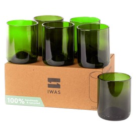 IWAS Upcycled Green Drinking Glasses | 250 ML | 8.45 OZ | Set of 6 | Sustainable Water Glass | Environmentally Friendly Dark Green Glassware