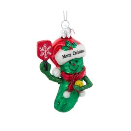 The Bridge Collection 3.5" Glass Pickleball Christmas Ornament - Pickle Wearing Santa Hat Playing Pickleball - Fun Pickleball Ornament