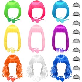 27 Pcs Colored Wigs, Short Bob Curly Wig with Sunglasses for Cosplay Party