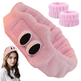 QOWIJEX Set of 3 Hair Band Cosmetic with Wrist Set Face Headband Wrist Wash Bands Set Soft Makeup Hair Band Elastic Wrist Sweatband for Women Girls (Pink)