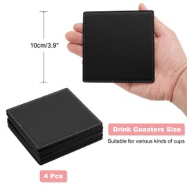 uxcell Square Drink Coasters Set of 4 White Stitched Dual Sided Non-Slip Non-Stick Waterproof Leather Coasters for Drinks, Coffee Table, Housewarming Gifts, Home Decor 4"×4" Black