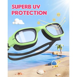 Zeligerstar Kids Swim Goggles,Swimming Goggles for Kids 6-14, Anti-Fog UV Protection Pool Goggles for Boys Girls (Green/Black+Clear Lens)