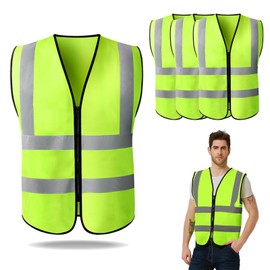 Marjoramy Safety Vest, Reflective Warning Vest, Zippered, High Visibility Reflective Vest, Women's, Men, Fluorescent Green, Set of 4, Work Vest, Traffic Security, Bicycle, Night Cycling, Running