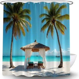 LAEDCIITI Ocean Beach Scenery Shower Curtain Tropical Palm Tree Leisure Hawaii Coastal Summer Sand Seaside Exotic Seascape Blue Nature Landscape Fabric Bathroom Curtain Set with Hook