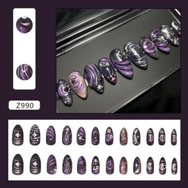 24Pcs Goth Press on Nails Medium Almond Purple Fake Nails 3D Stars Moon with Rhinestones Glitter Designs Full Cover Sliver Chrome Stick on Nails Handmade False Nails for Women Reusable Acrylic Nails
