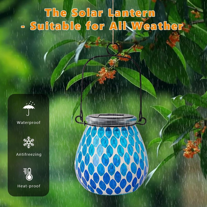 Starsoul Solar Lanterns Outdoor Waterproof, Elegant Blue Glass Mosaic Solar