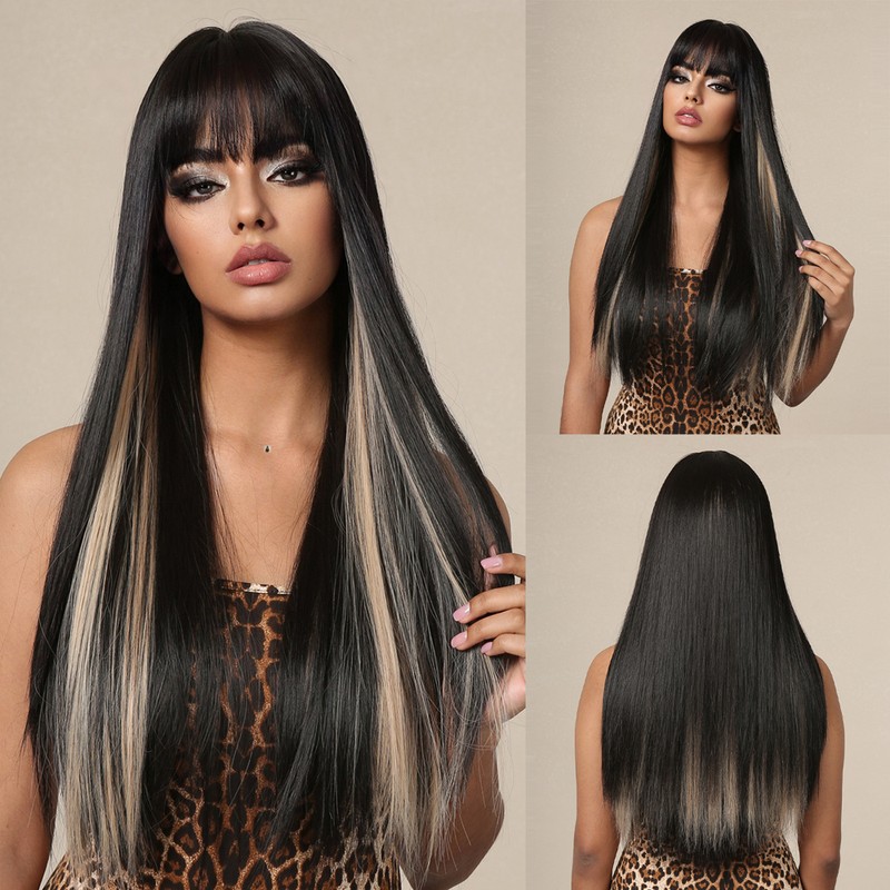 Long Black Wig Human Hair with Bangs and Wig Cap