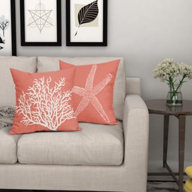 Coastal Coral Throw Pillow Covers 18x18 Inch Set of 2 Starfish Beach Nautical Pillow Covers Summer Farmhouse Pillowscase Linen Square Cushion Covers for Sofa Couch Bedroom Living Room Home Decoration