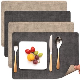 Myir JUN Placemats Dual Sided, Faux Leather Place Mats Set of 4 Indoor Placemats for Dining Table Outdoor Placemats Manteles Individuales Square Non-Slip Washable Table Mats (Gray Beige, Set of 4)