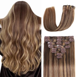 Tebelove Clip in Hair Extensions Real Human Hair 3.6oz/100g Clip ins 100% Human Hair Extension for Women 8pcs Per Set with 18 Clips Double Weft (18 Inch #4/27 Chocolate Brown to Honey Blonde)