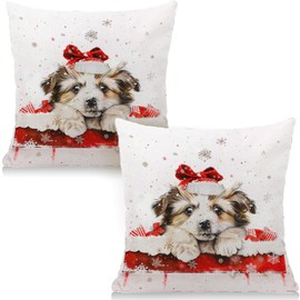 Cirzone Christmas Cushion Cover, 45 x 45 cm, Set of 2, Puppy Christmas Cushion, Christmas Decor Cushion, Christmas Cushion Cover, Christmas Decoration for Home, Sofa, Bedroom