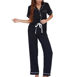 MAIABLEAU Womens Button Down Pajama Sets Bride Sleepwear 2 Piece Lounge Sets Short Sleeve Tops and Pants Black S