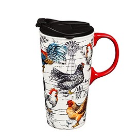 Cypress Home Ceramic Travel Cup, 17 OZ.,w/box, Chicken Collage