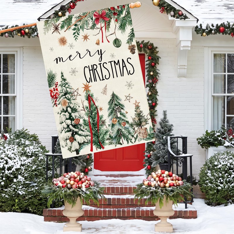 Christmas House Flag 28x40 Inch Large Winter Pine Trees Farmhouse