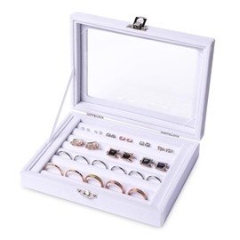 Frebeauty Rings/Earring Organizer Tray with Clear Lid,7 Slots Ring Box Velvet Ring Holder Drawer Insert Jewelry Storage Box Jewelry Display Case Jewelry Box Gift for Women and Girls(7 Slots,White)