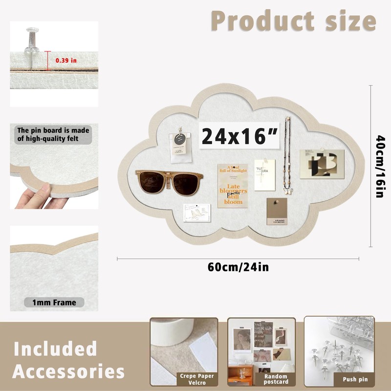 LIYAOLI Felt Bulletin Board 16x24 Inch - Cloud-Shaped Polyester Fiber