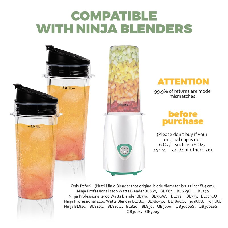 3 Pcs Ninja Blender Cups Replacement 16oz Cups with Seal
