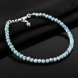 Mother's Day Gifts Natural Larimar Bracelet- Dolphin Stone- Pectolite -Sea- Caribbean Gemstone Micro Beads Dainty Bracelet Jewelry for her, Birthstone, Energy Healing Crystals, Silver Plated Chain 8 inch