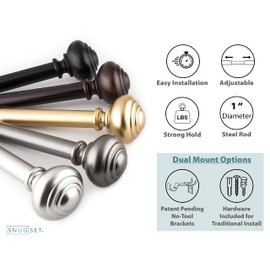 SnugSet | 72-144" Adjustable | Quick Easy Installation | No Tools Option | 1" Dia. Durable Steel Rod | Supports Heavy Fabrics | Knob Finial | Bronze