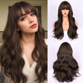 Fulang Hair Long Dark Brown Wigs for Women Long Curly Wigs with Bangs Synthetic Hair Heat Resistant Wig for Daily Party Cosplay Use