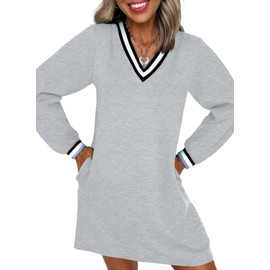 EVALESS Womens Fall Dresses Fashion 2025 V Neck Long Sleeve Tshirt Dress Spring Contrast Striped Sweatshirt Mini Dress Casual Beach Vacation Clothes,Gray Small