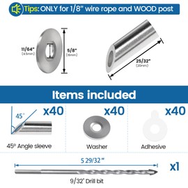 Muzata 40 Pack 45 Degree Angle Adjustable Protector Sleeve for Wood Post 90 Degree One Corner Post for 1/8" Wire Rope Cable Railing Kit T316 Stainless Steel CR69, CP1